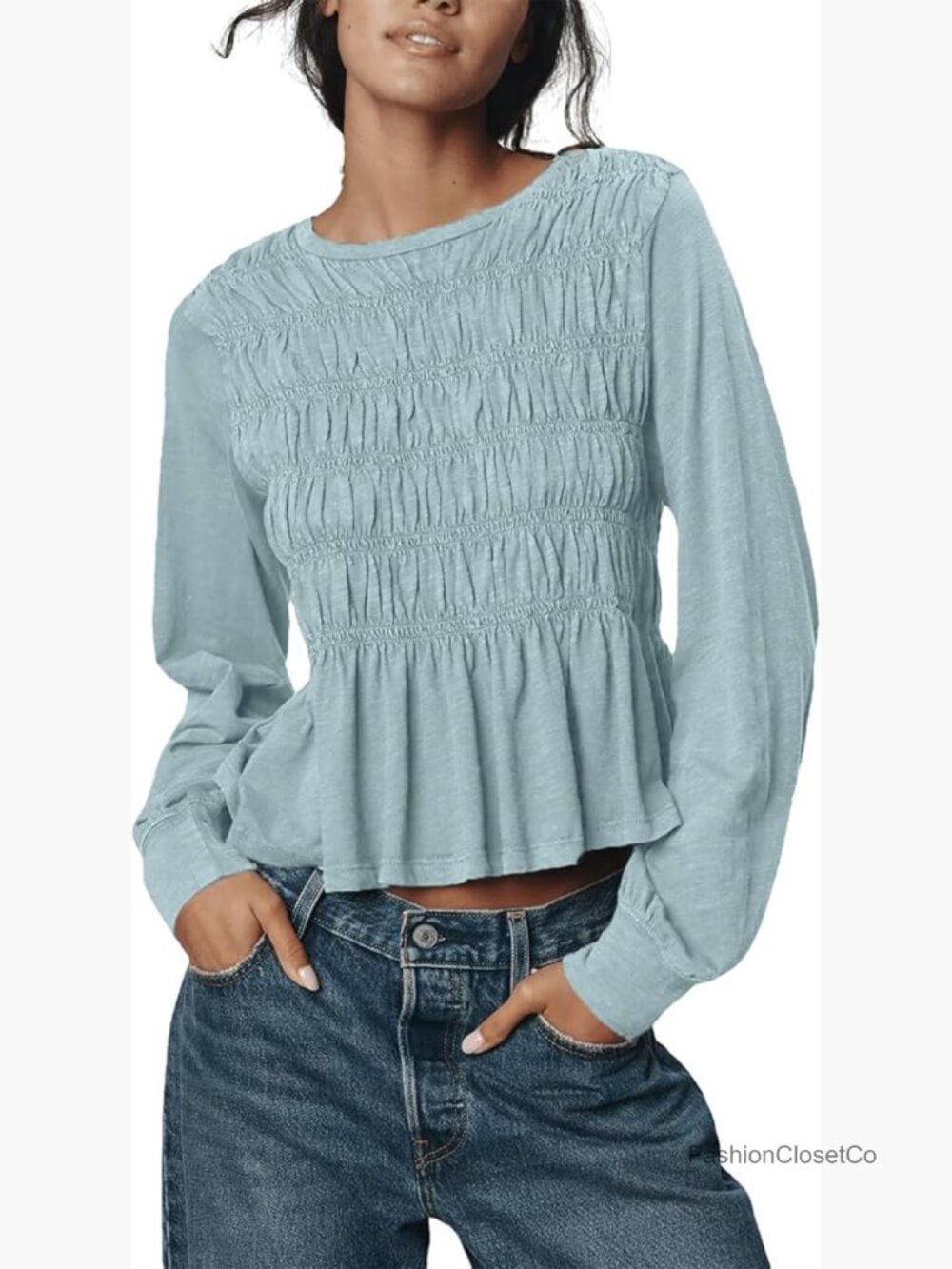 Babydoll Tops Peplum Blouses Long Sleeve Ruffle Shirred Tops Cotton Stretchy